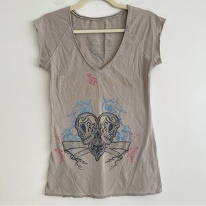Y2K Fox Racing Graphic T Shirt V Neck Double Sided Skull Heart Logo Vintage Sz M